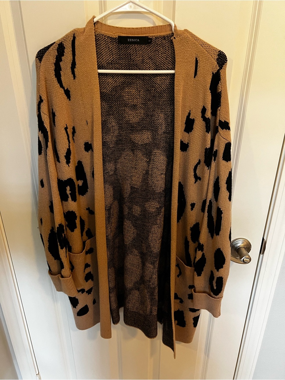 Zesica Camel and Black Leopard-Print Open Cardigan